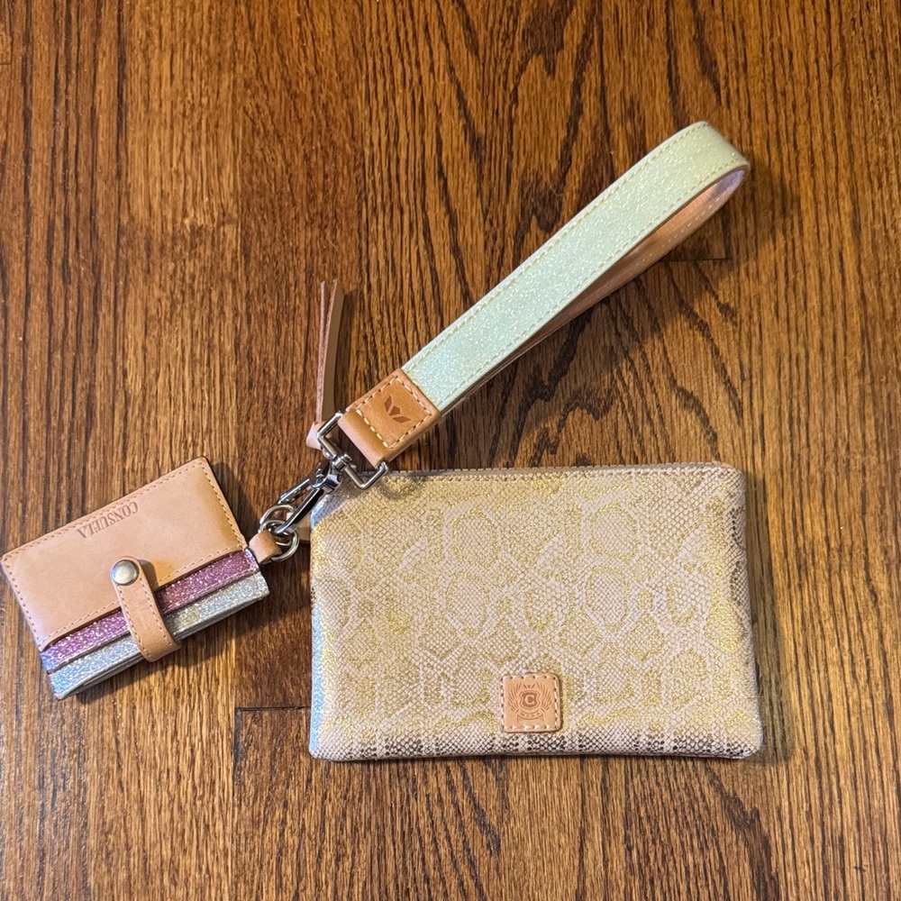 Consuela Gold and Tan Clutch with Wristlet